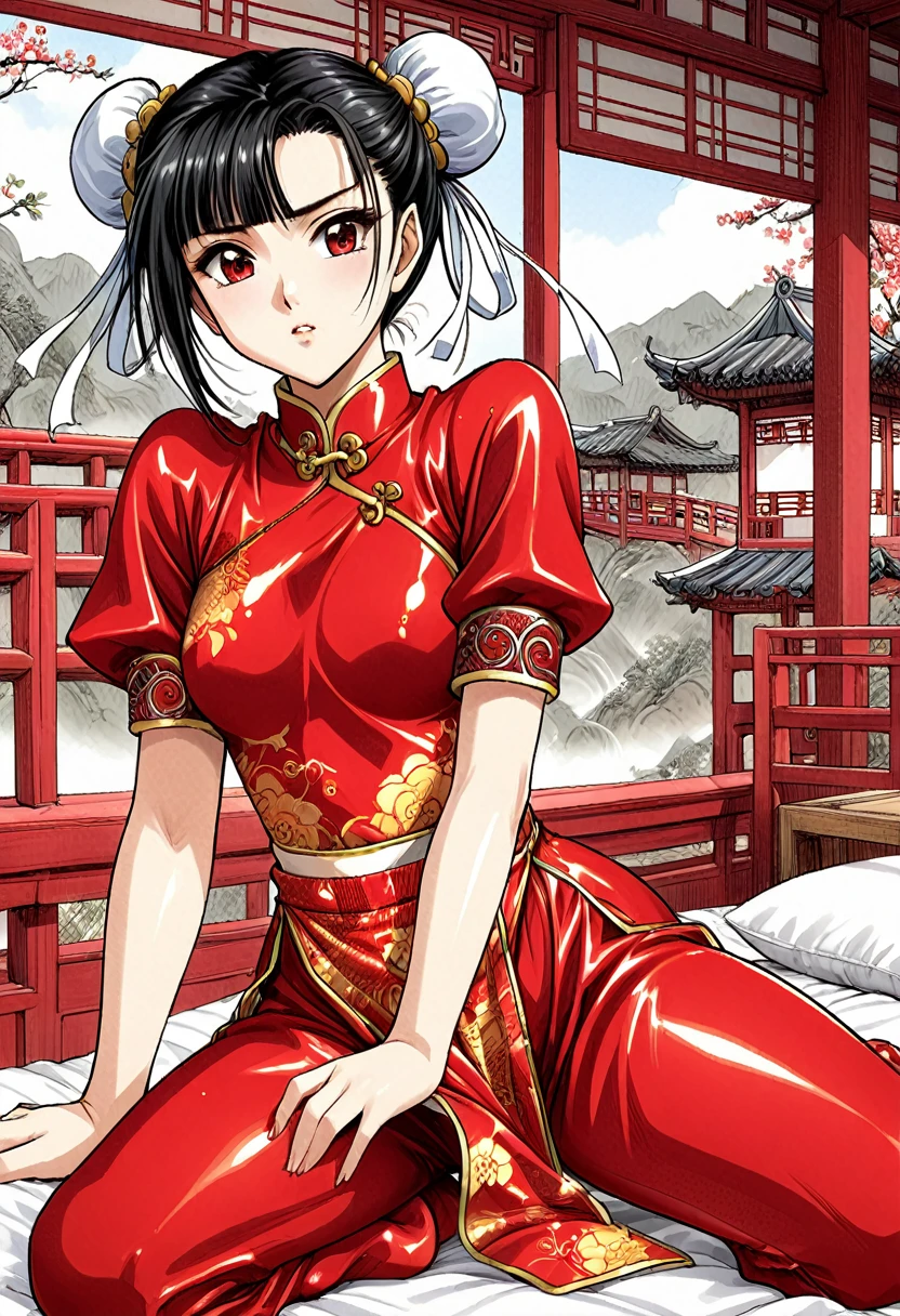 A tragic historical drama in 8k live-action style: Beautiful palace secrets　Beautiful  Chinese Kung Fu girl princess with short black hair is made to wear red flower print shiny pants exposing her pussy for pooping　Gorgeous embroidery, Ultra glossy, She is wearing shiny red long sleeve floral pajamas....　　　