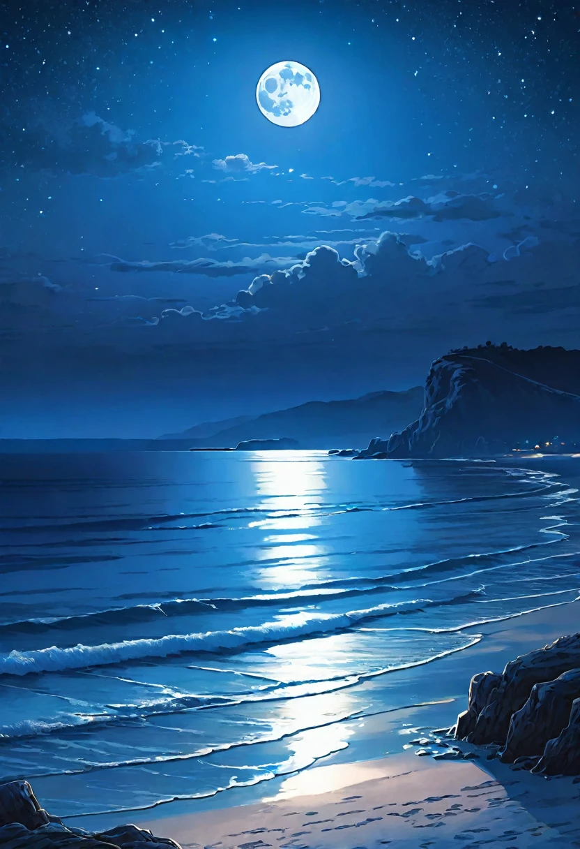 (best quality,8k,highres, masterpiece:1.2), ultra-detailed, HDR, UHD, studio lighting, ultra-fine painting, sharp focus, physically-based rendering, extreme detail description, professional, vivid colors, portraits, concept artists, warm color palette, dramatic lighting,Beautiful coast, midnight,blue moon on the horizon, on the shore, beautiful ripples of waves, distant view, stars visible, overall blue landscape, blue coast, no people, some islands in the distance,Beautiful coast, before dawn, full moon on the horizon, on the shore, beautiful ripples of waves, distant view, stars visible, overall blue landscape, blue coast, no people, some islands in the distance,