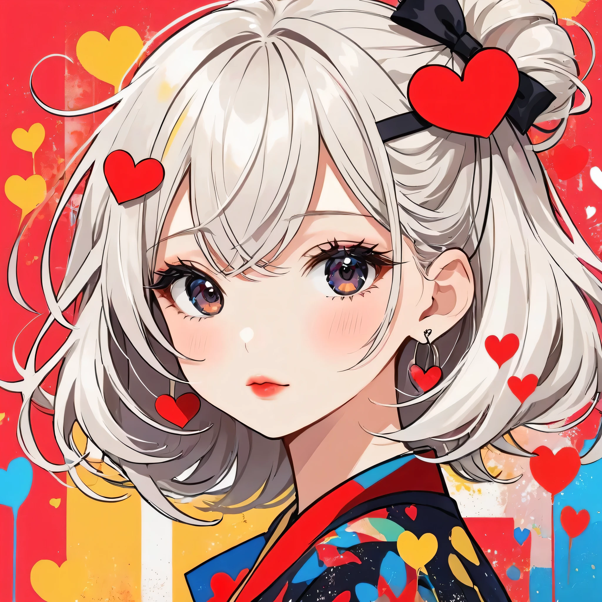 Mika Pikazo red and white style, Simple Line Initialism,Abstract art,Urban Background, (((The most beautiful girl of all time))), Sweet face. Lips in love, colorful hearts, stylish design, black eyes
