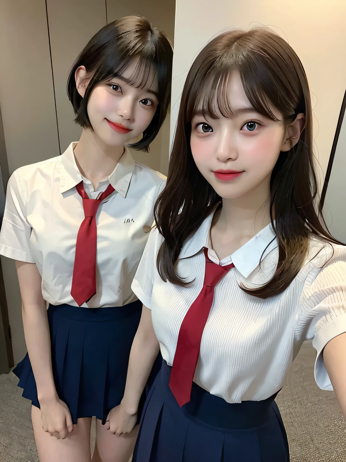 ((Two Girls)),Super cute、、Full body photo、slender、Japanese women、White drool coming out of the mouth、smile、Short Bob Cut、Fair skin、very cute、Soft and good looking、8k resolution、Surreal、Ultra-high resolution、A cup small breasts（（Highest Resolution、、masterpiece：1.3））、Extremely thin face、Ultra-thin lips、Beautiful Eyes、double eyelid、Red tie、White shirt、Navy blue mini skirt、Thighs、thin、Thighsが見える、Shapely small breasts、smile、