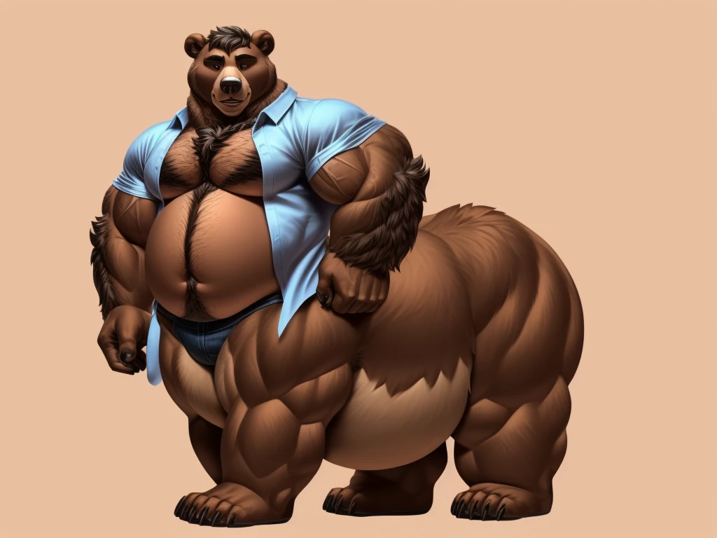 furry, fur taur, beartaur, middle-age, solo, detailed face, bear ears, bear eyes(brown), bear nose(black), bear mouth, garibaldi beard(grey), mature hair(grey), shirt, open shirt detailed arms, thick arms, muscular, thick hands(5 fingers), detailed body belly, thick body, muscle belly(white), thick chest, chest hair(grey), detailed taur body, thick taur body, thick bear paws, thick bear tail, full body shot, standing