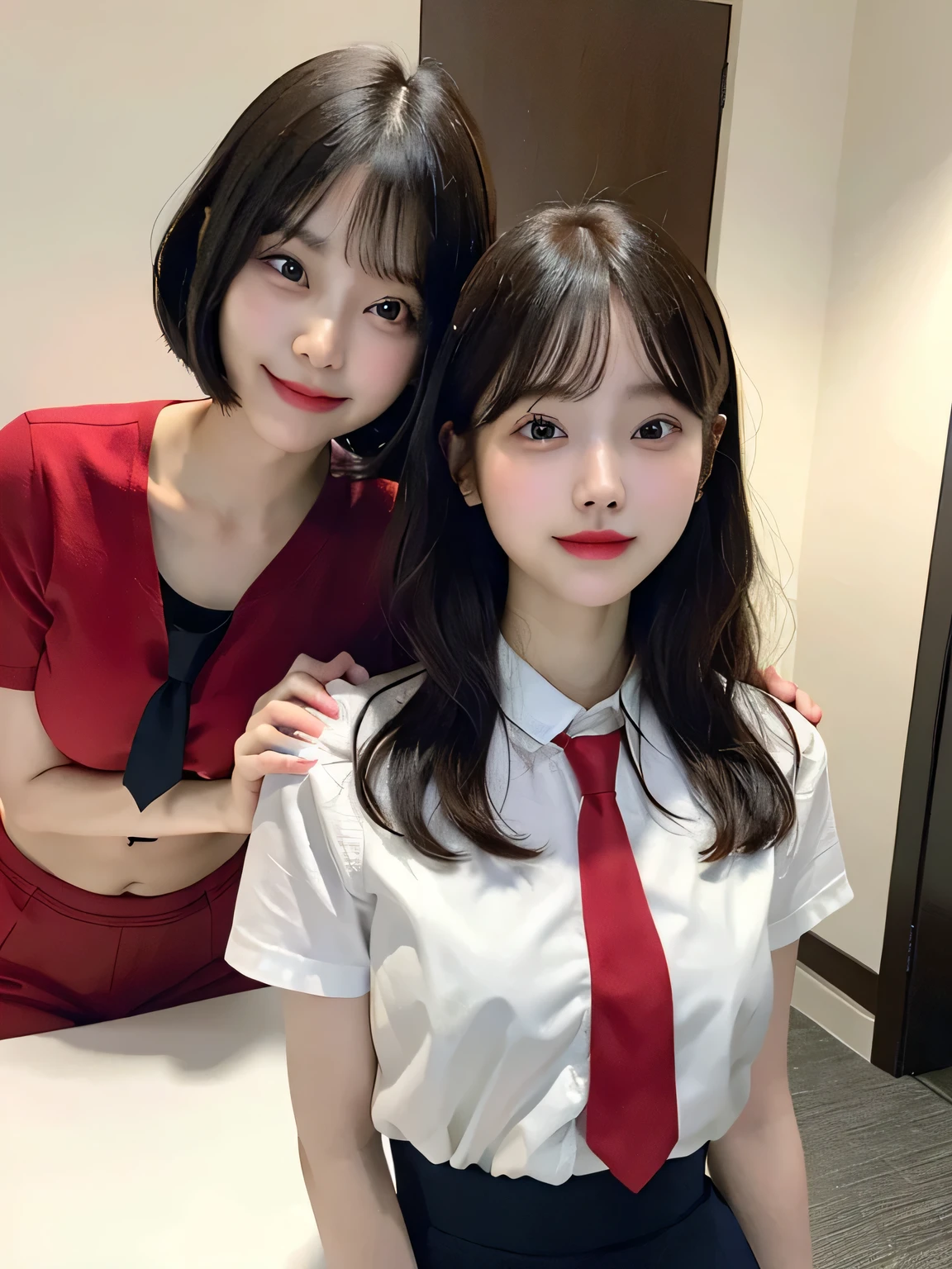 ((Two Girls)),Super cute、16 years old、Full body photo、slender、Japanese women、White drool coming out of the mouth、smile、Short Bob Cut、Fair skin、very cute、Soft and good looking、8k resolution、Surreal、Ultra-high resolution、A cup small breasts((Highest Resolution、、masterpiece:1.3))、Extremely thin face、Ultra-thin lips、Beautiful Eyes、double eyelid、Red tie、White shirt、Navy blue mini skirt、Thighs、thin、Thighsが見える、Shapely small breasts、smile、