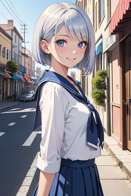 A woman with silver bob hair and blue eyes, gazing condescendingly at the viewer with a cute grinning expression, extremely detailed and realistic, masterpiece quality, ultra-detailed, HDR, studio lighting, vivid colors, physically-based rendering, Wear a summer sailor uniform、Wear a navy blue pleated skirt、walk on the street in a town,