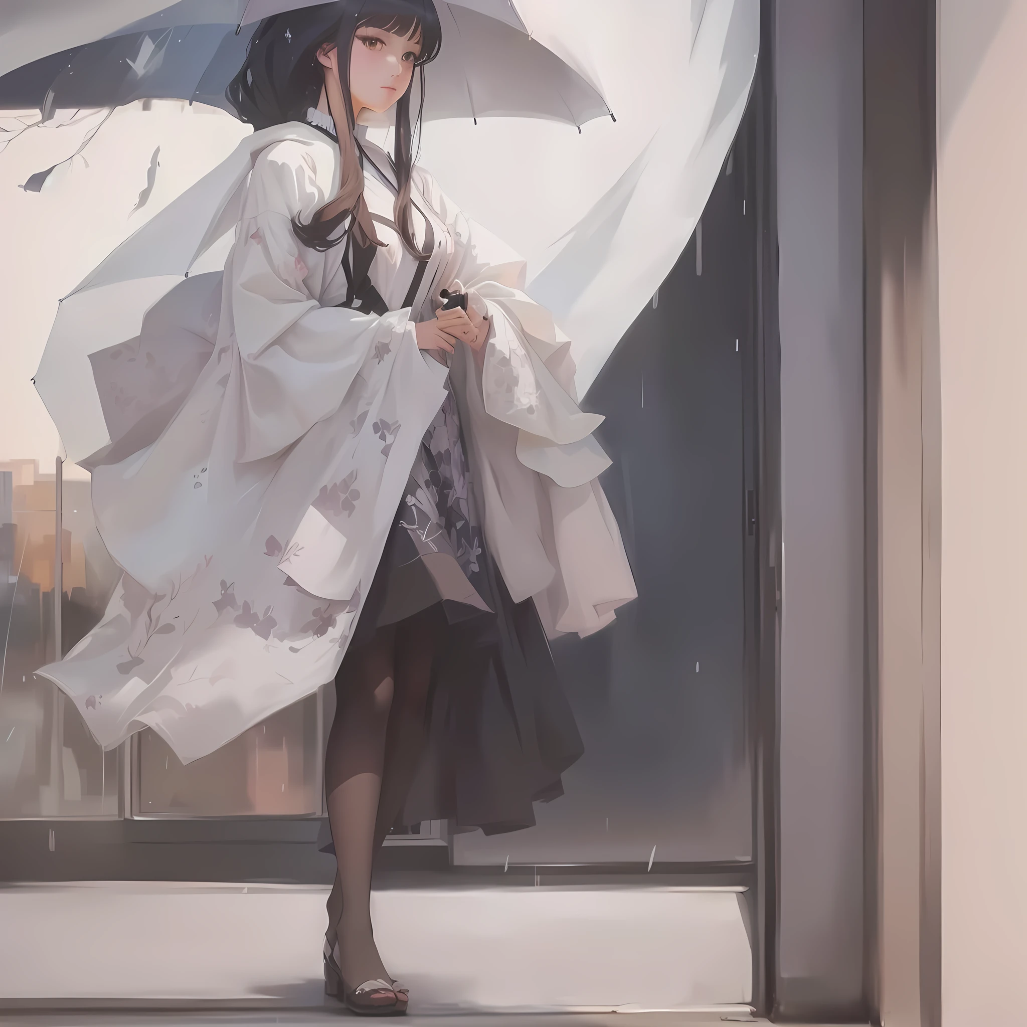 A painting of a woman in a dress and umbrella standing in front of a window, artwork in the style of Gwaiz, soft Anime illustration, Created by Anime Painter Studio, Painted in an anime artist&#39;s studio, Gwaiz, Anime style digital art, Blurry dreamy illustration, Wet day, Anime illustration, on a Wet day, Gwaiz on pixiv artstationA 17-year-old Japanese girl with vibrant hair colors, long hair, daring hair styling, slender figure, plump cheeks. She embodies the punk rock aesthetic, dressed like a punk rocker with bold attire, large sunglasses, a defiant expression. She stands at 170 centimeters tall, weighs 30 kilograms, wears long boots, with her thighs visible under a red pleated skirt. Adorned with numerous silver accessories. Depict with distinct outlines, using colors other than black for the outlines, using colorful hues for the outlines. She's into girls' rock, punk, Electric guitar, vibrant colors, stages, and backed by a band. An underground clubhouse with colorful lighting amidst the darkness. Colorful candies resembling mountains of treats are plentiful, strewn all around. A tall, well-built man with blonde hair is present, adorned with tattoos, a nose piercing, and a split tongue.