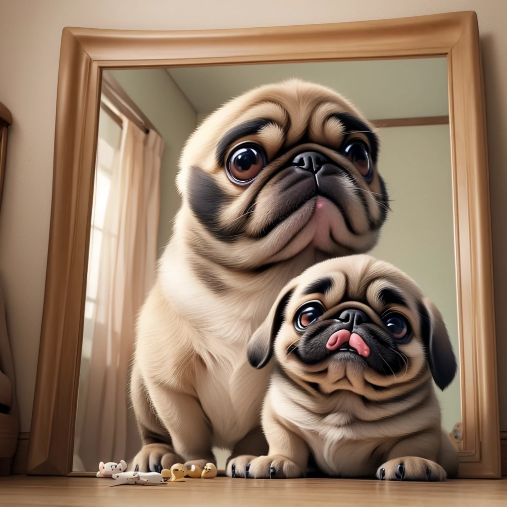 Pug puppy surprised at himself in the mirror。Yelling at the mirror、The way they stare at each other in a puzzled way is unique.。