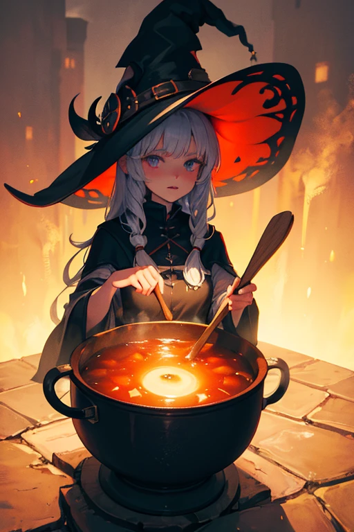 witch stirring soup in a huge cauldron
