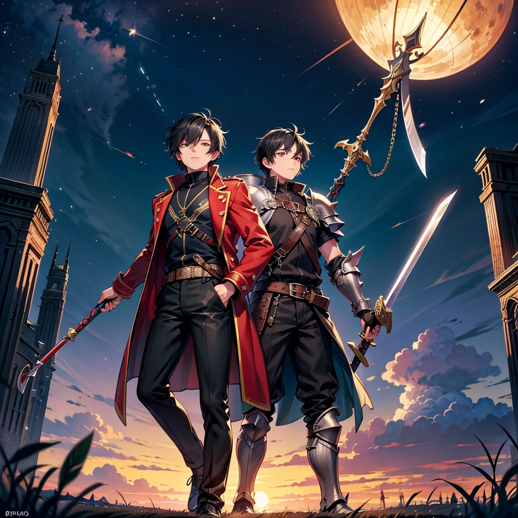 Anime art style,Highest quality,High resolution,Anatomically correct,One Man,Twenty generations,Fantasy World,Spiky hair,Black Hair,Lifted eyes,Red long coat,Black trousers,Simple armor,Swinging the Sword,Plains at night,8k