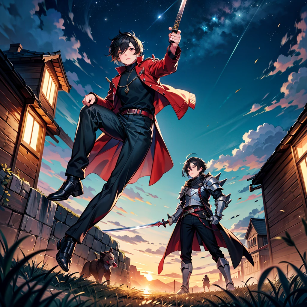 Anime art style,Highest quality,High resolution,Anatomically correct,One Man,Twenty generations,Fantasy World,Spiky hair,Black Hair,Lifted eyes,Red long coat,Black trousers,Simple armor,Swinging the Sword,Plains at night,8k