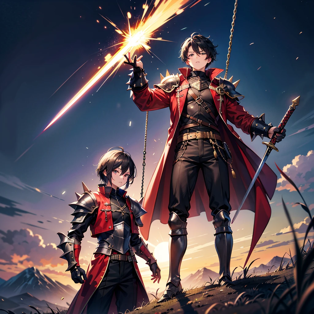 Anime art style,Highest quality,High resolution,Anatomically correct,One Man,Twenty generations,Fantasy World,Spiky hair,Black Hair,Lifted eyes,Red long coat,Black trousers,Simple armor,Swinging the Sword,Plains at night,8k