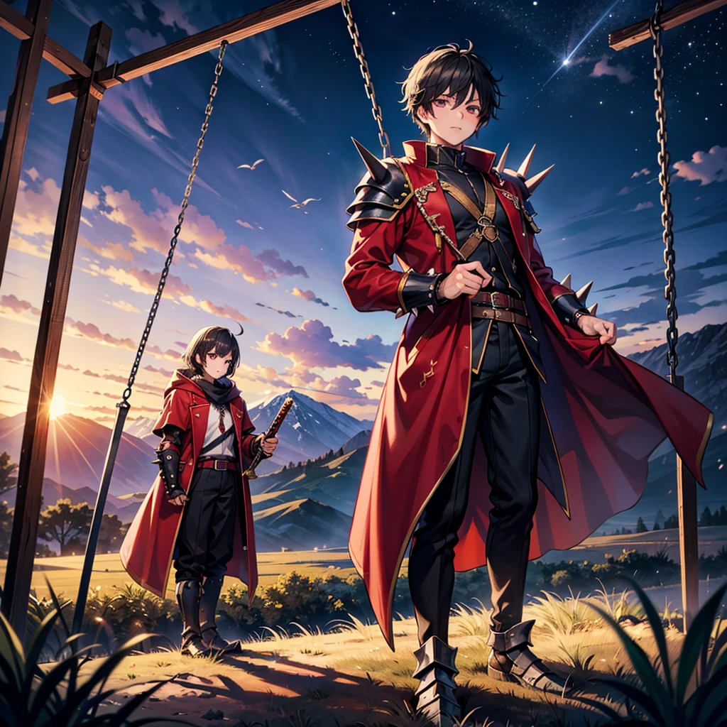 Anime art style,Highest quality,High resolution,Anatomically correct,One Man,Twenty generations,Fantasy World,Spiky hair,Black Hair,Lifted eyes,Red long coat,Black trousers,Simple armor,Swinging the Sword,Plains at night,8k