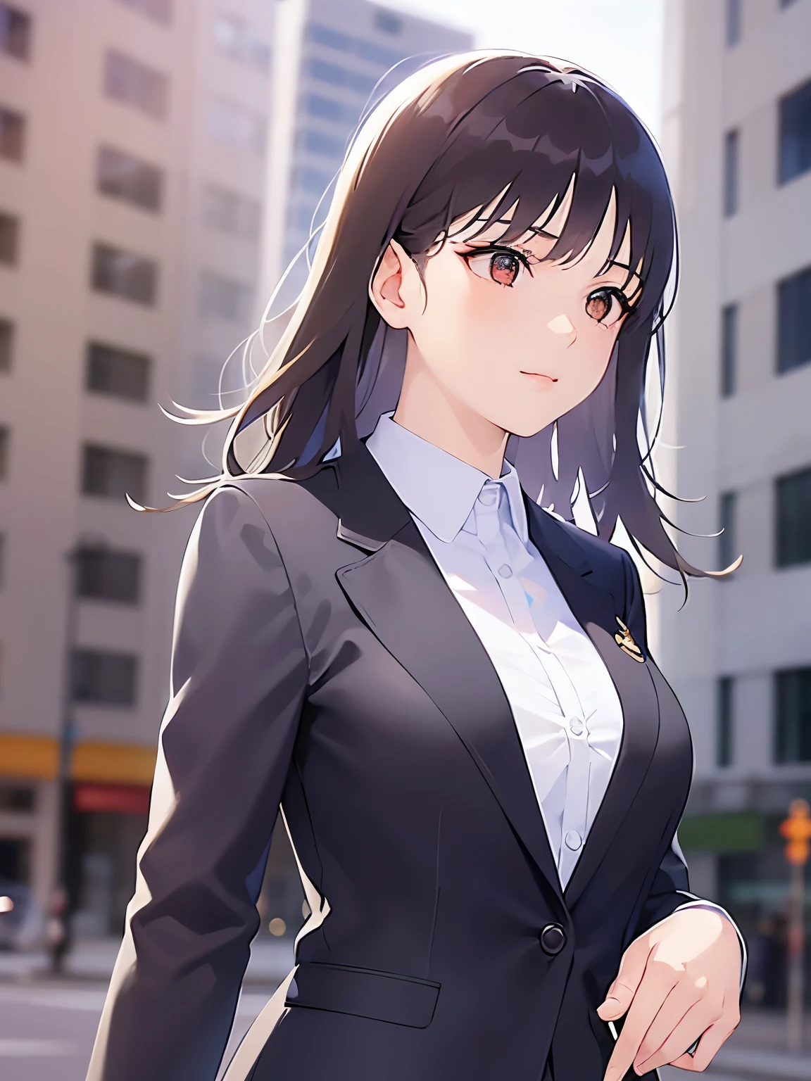 side angle, (looking away:1.5), Upper Body, Realistic, real person, (pale skin: 1.2), RAW photo, photorealistic, shiny skin, shiny hair、(A 25-year-old woman with medium-length hair and bangs) and (wavy hair) and (brown hair) and (orange eyes) , (business suit:1.5) and (white collared shirt) 、smile, The background is a city of buildings、Alone、Are standing