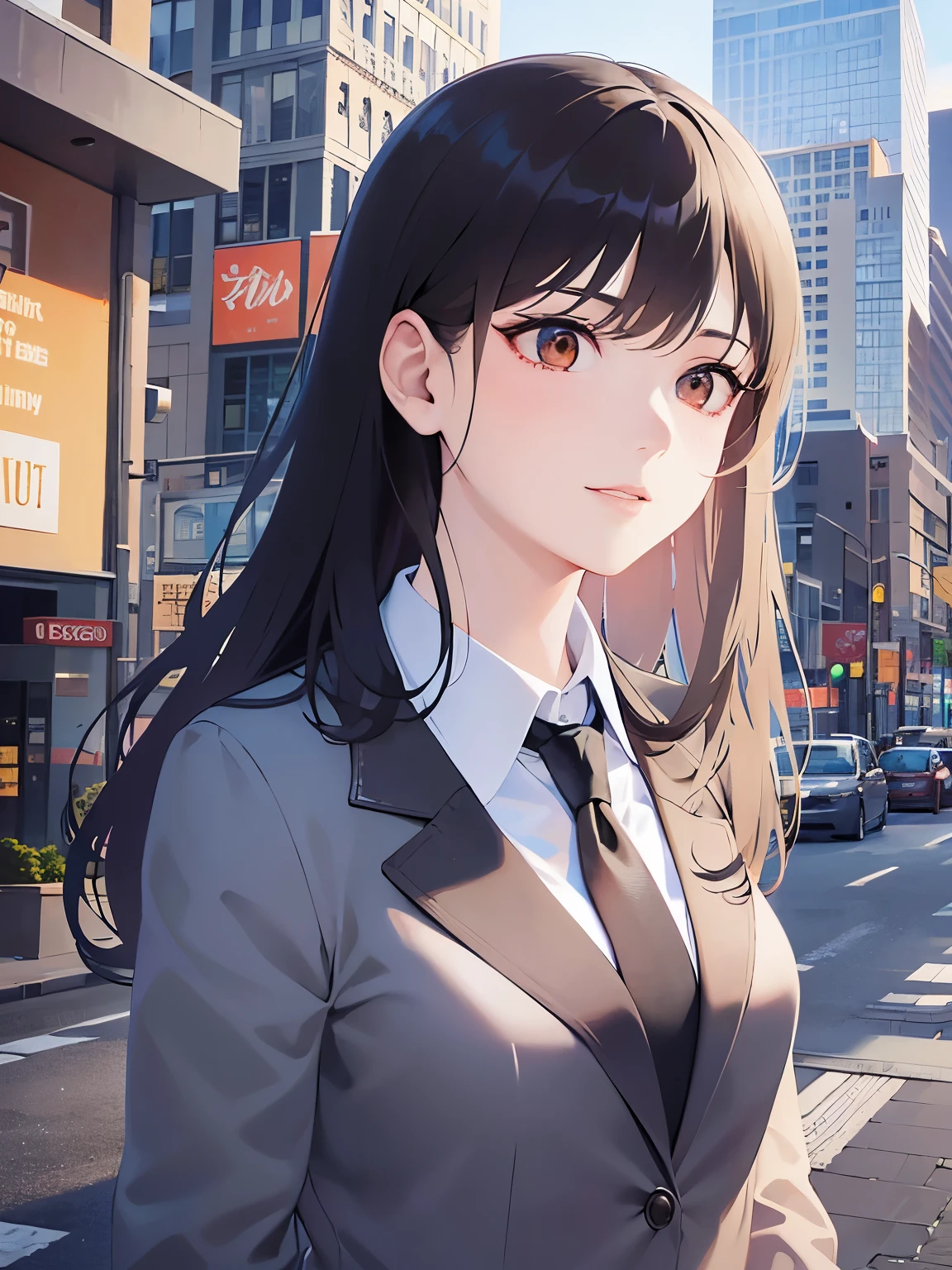 side angle, (looking away:1.5), Upper Body, Realistic, real person, (pale skin: 1.2), RAW photo, photorealistic, shiny skin, shiny hair、(A 25-year-old woman with medium-length hair and bangs) and (wavy hair) and (brown hair) and (orange eyes) , (business suit:1.5) and (white collared shirt) 、smile, The background is a city of buildings、Alone、Are standing
