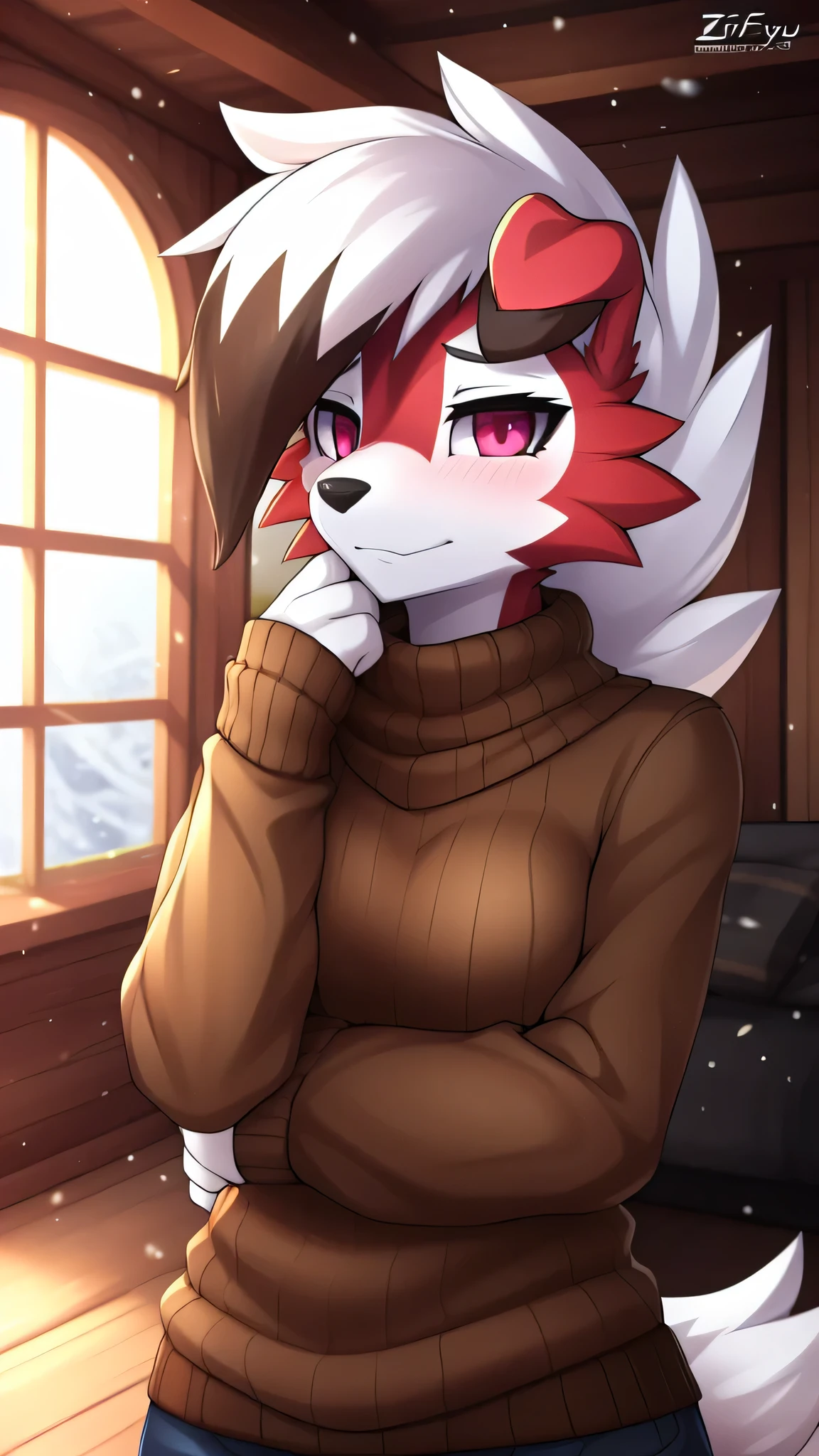 from Zinfew,отwistedscarlet60, uploaded to pixiv, from down-kevlar, (masterpiece), (Best quality), (Solo Woman:1.2), (extremely detailed:1.3),(detailed eye,black circle on the eye,Pink Eye), Lycanroc midnight, view in viewer, close view, Shy face, half body in portrait, only body and head, close view, Lycanrock close up photo, wear a brown sweater, inside the house, wooden house, open window, winter season, everyday pose