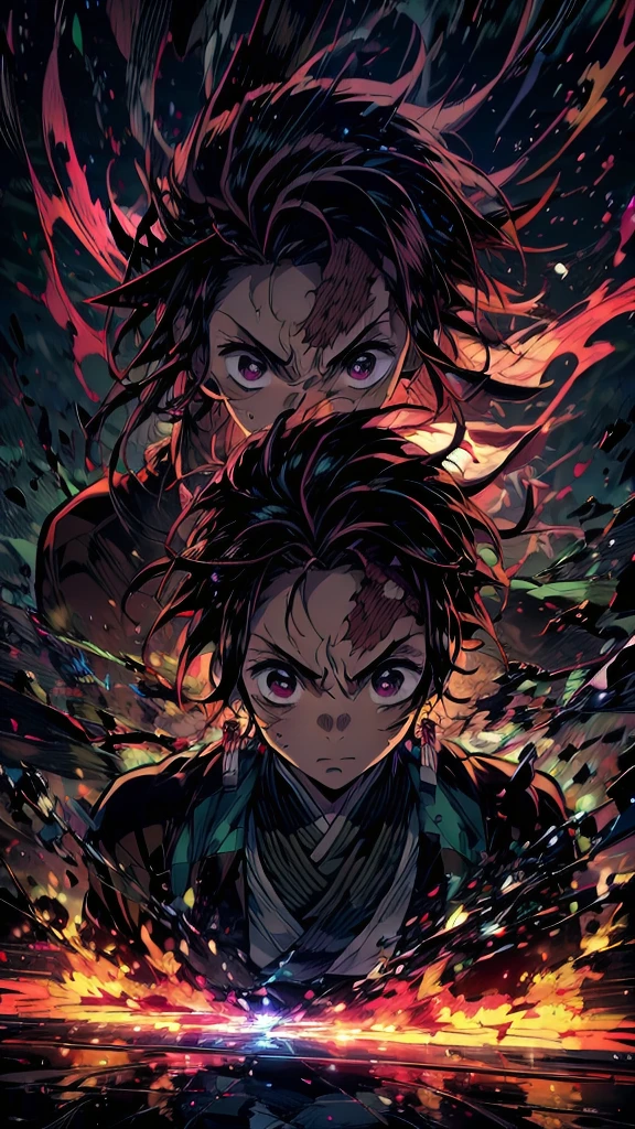 work of art, best qualityer, ultra high resolution, comely, visually stunning, chic, Incredible details, award-winning painting, (black art:1.1), deep shadow, (dark green theme:1.2), r1ge, Ablaze, Aura, energy, beam, flying debris, [serious|Jumpy], floating hair, 1 young boy, muscular,