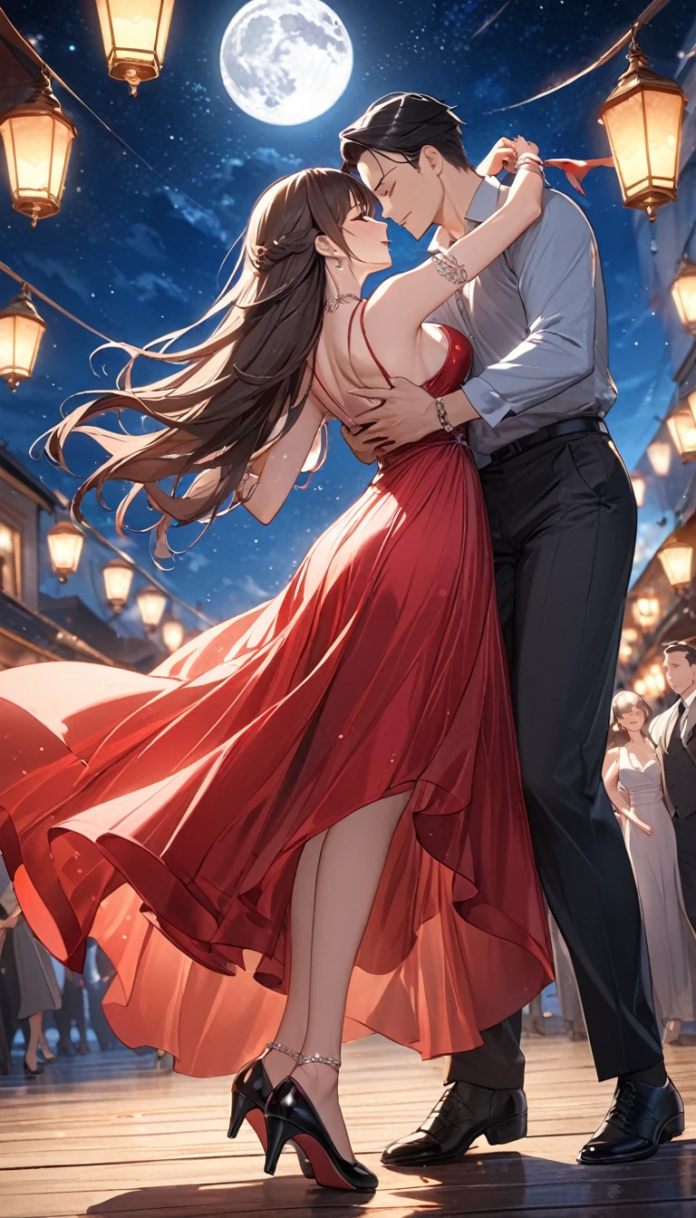 a masterpiece, stunning detail, an action shot, low angle, (top quality)), ((masterpiece)), a long hair girl, transparent long red dress, dance tango with a man, lamps, brown hair, shirt, black hair, 1boy, cleavage, jewelry, tango, hetero, multiple couples, pants, looking at another, bracelet, transparent dress, ,outdoors, full moon, strong wind, outdoors, full body, starry sky, at sea,,outdoors,(tango:1.2)