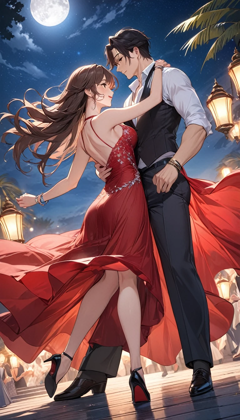 a masterpiece, stunning detail, an action shot, low angle, (top quality)), ((masterpiece)), a long hair girl, transparent long red dress, dance tango with a man, lamps, brown hair, shirt, black hair, 1boy, cleavage, jewelry, tango, hetero, multiple couples, pants, looking at another, bracelet, transparent dress, ,outdoors, full moon, strong wind, outdoors, full body, starry sky, at sea,,outdoors,(tango:1.2)