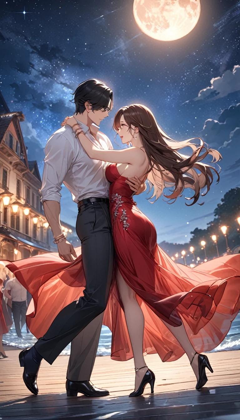 a masterpiece, stunning detail, an action shot, low angle, (top quality)), ((masterpiece)), a long hair girl, transparent long red dress, dance tango with a man, lamps, brown hair, shirt, black hair, 1boy, cleavage, jewelry, tango, hetero, multiple couples, pants, looking at another, bracelet, transparent dress, ,outdoors, full moon, strong wind, outdoors, full body, starry sky, at sea,,outdoors,(tango:1.2)