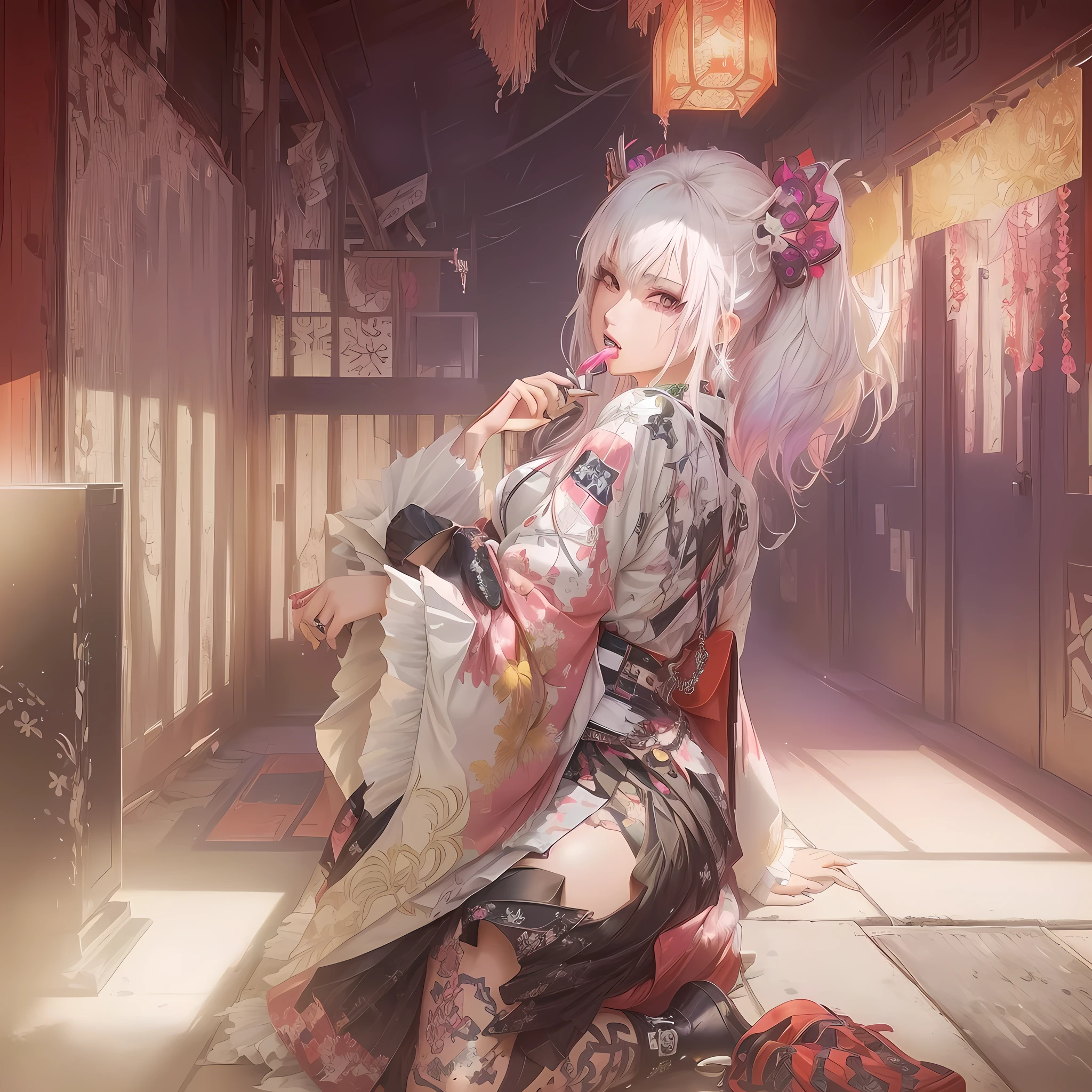 Anime girl in kimono sitting on the floor holding a folding fan, Gwaiz on pixiv artstation, Gwaiz on artstation pixiv, Gwaiz, artwork in the style of Gwaiz, Best anime 4k konachan wallpaper, Gwaiz masterpiece, Smooth anime CG art, 2. 5d cgi anime fantasy artwork, White Haired God A 17-year-old Japanese girl with vibrant hair colors, long hair, daring hair styling, slender figure, plump cheeks. She embodies the punk rock aesthetic, dressed like a punk rocker with bold attire, large sunglasses, a defiant expression. She stands at 170 centimeters tall, weighs 30 kilograms, wears long boots, with her thighs visible under a red pleated skirt. Adorned with numerous silver accessories. Depict with distinct outlines, using colors other than black for the outlines, using colorful hues for the outlines. She's into girls' rock, punk, Electric guitar, vibrant colors, stages, and backed by a band. An underground clubhouse with colorful lighting amidst the darkness. Colorful candies resembling mountains of treats are plentiful, strewn all around. A tall, well-built man with blonde hair is present, adorned with tattoos, a nose piercing, and a split tongue.