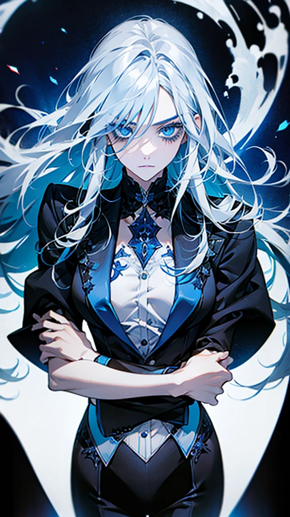 A woman with long hair, almost white blue hair, blue eyes, beautiful, fierce, wearing a black suit.