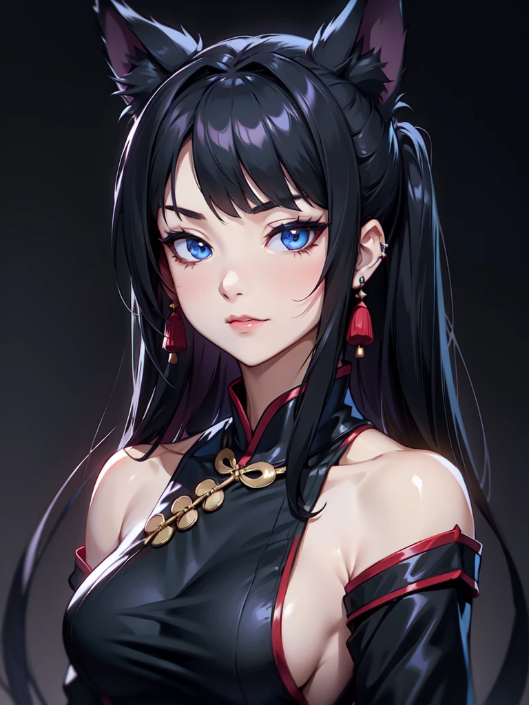 (((Portrait Photo))), She has the Appearance of a Regal Teenager, with a Strong, Muscular Build that Radiates Elegance. She has Long Black Hair, Styled in Odango-Shaped Buns with Thin Pigtails, which Resemble Wolf Ears. Her Icy Blue Eyes Reflect the Piercing Gaze of a Husky—Intense, Intelligent, and Unyielding. She is Dressed in a Traditional Black Cheongsam with Side Slits and Loose Sleeves, Revealing Her Breasts. Her Expression is Calm and Composed, with a Subtle, Knowing Smirk, Perfectly Embodying the Essence of Pride and Excellence. (((High Quality, Dark Background))), (((Portrait Photo)))