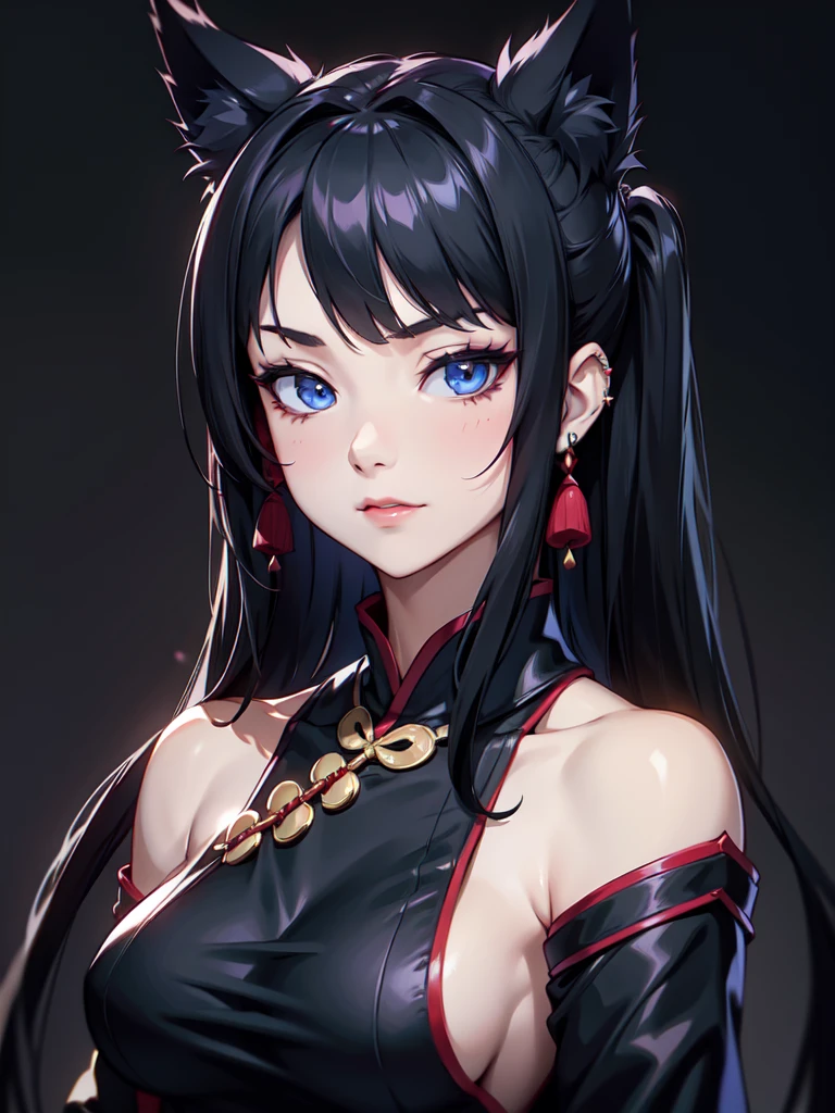 (((Portrait Photo))), She has the Appearance of a Regal Teenager, with a Strong, Muscular Build that Radiates Elegance. She has Long Black Hair, Styled in Odango-Shaped Buns with Thin Pigtails, which Resemble Wolf Ears. Her Icy Blue Eyes Reflect the Piercing Gaze of a Husky—Intense, Intelligent, and Unyielding. She is Dressed in a Traditional Black Cheongsam with Side Slits and Loose Sleeves, Revealing Her Breasts. Her Expression is Calm and Composed, with a Subtle, Knowing Smirk, Perfectly Embodying the Essence of Pride and Excellence. (((High Quality, Dark Background))), (((Portrait Photo)))
