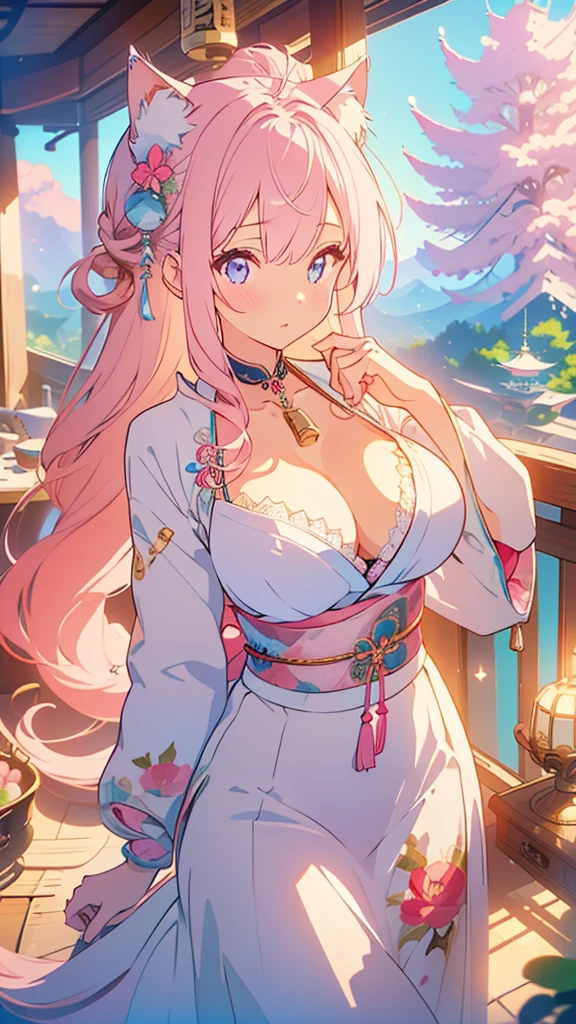 Highest quality、Masterpiece、Super detailed、8k、4K、1 girl、Light pink hair、Soft long hair、Aquamarine Eyes、Big Tits、Cleavage、Cat ear、Japanese style maid、bell、ribbon、Cherry tree、SakuraFubuki、Cat Eyes、bellのチョーカー、bra、The chest is open、Japanese fantasy world