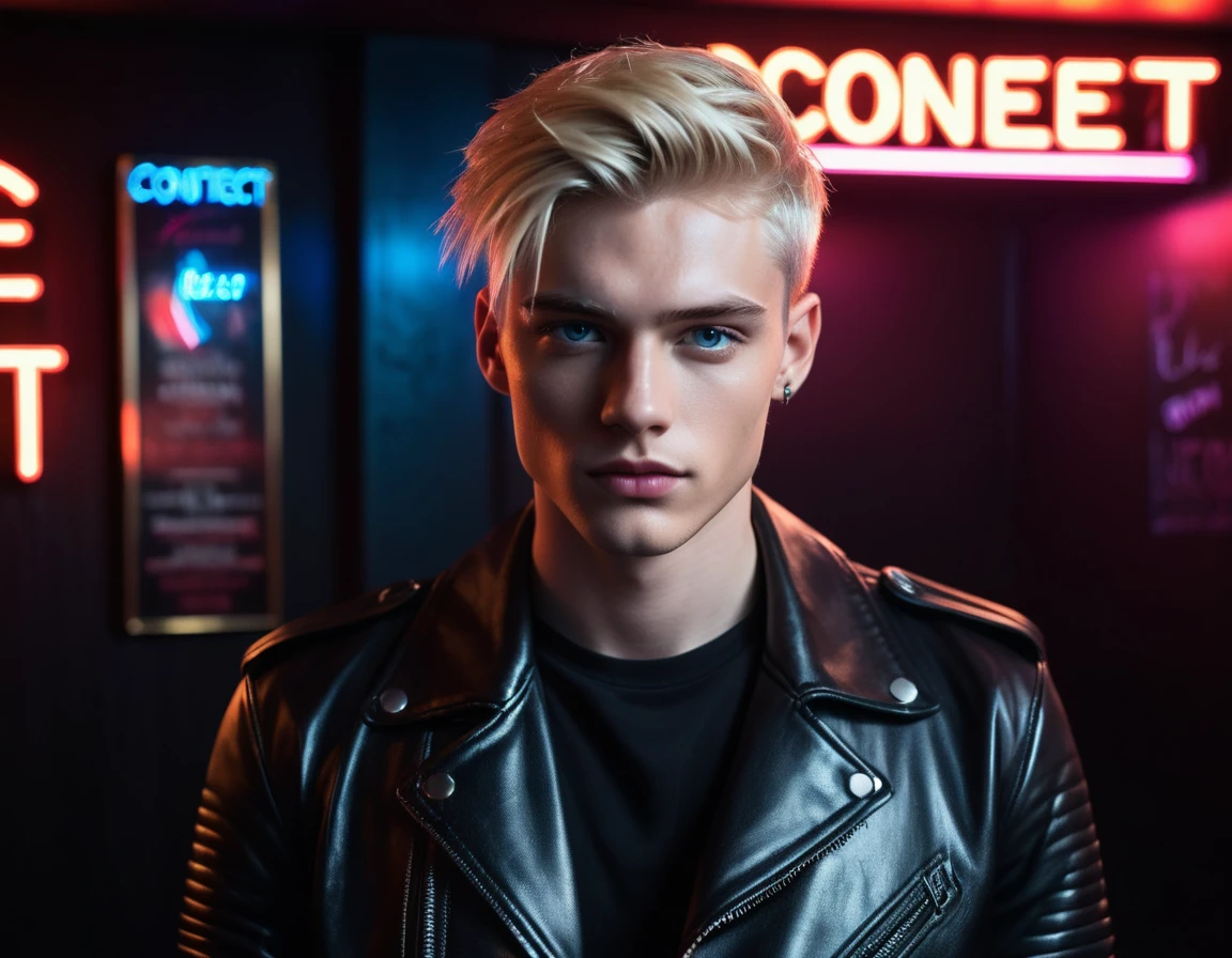 Hyper realistic, dark vibes, solo, young male fashion model, boyish, 22 years, pale skin, blue eyes, (textured blond hair:1.1), tussled layered fringe, black leather jacket, dark lighting, in luxury strip club room, (smirk:1.1), (holding a knife up:1.1), (neon sign in background that says "CONTEXT":1.1)