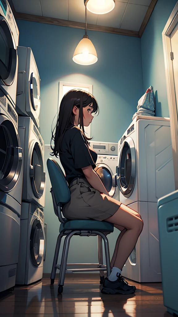 Girl watching the dryer while sitting on a chair at night