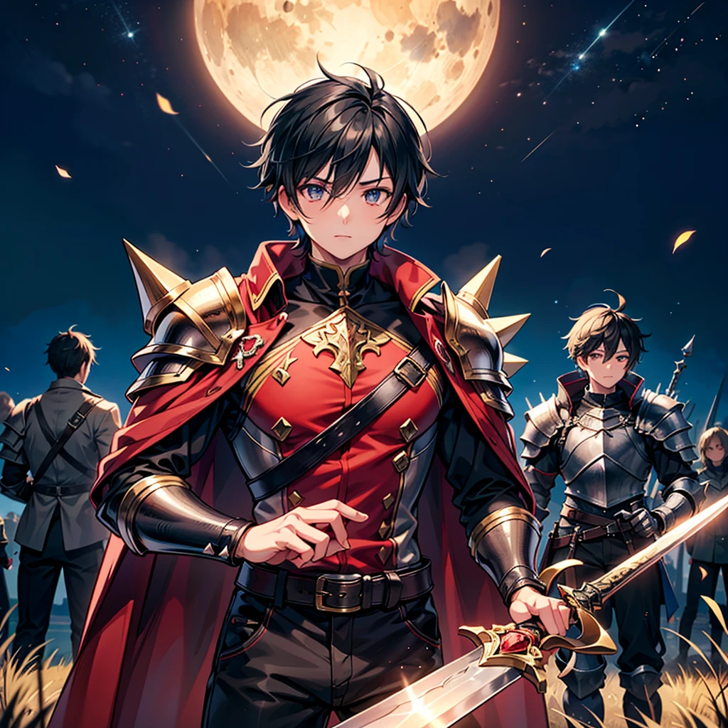 Anime art style,Highest quality,High resolution,Anatomically correct,One Man,Twenty generations,Fantasy World,Spiky hair,Black Hair,Lifted eyes,Red long coat,Black trousers,Simple armor,Swinging the Sword,Focus on the upper body,Plains at night,8k