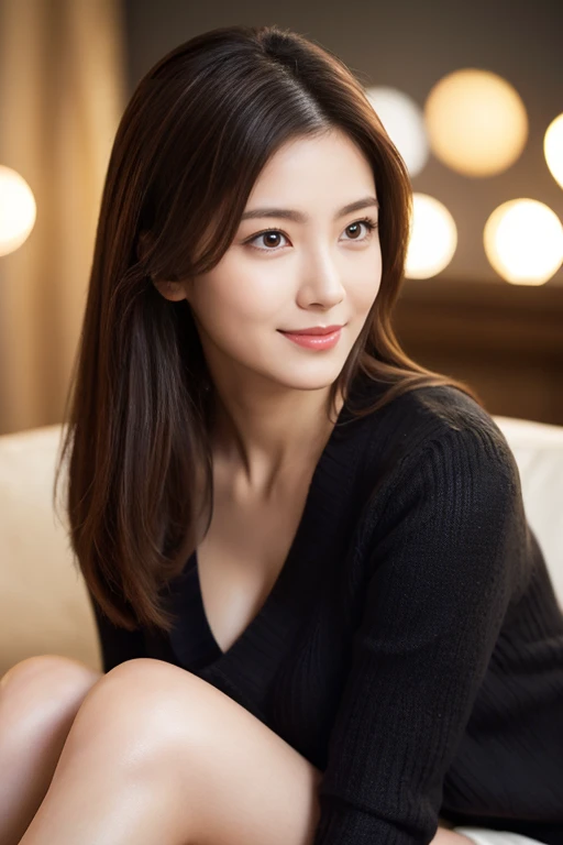 (RAW Photos), (Realistic), (masterpiece), (Highest quality), High resolution, 8k, (Intricate details), (Volumetric Light), Portraiture, woman, Age 35, Medium Hair, Straight hair, Mid-chest, Accentuate your cleavage, Layered Hair, Brown Hair, Very beautiful eyes, Source Sequence, Very thin eyebrows, Very fine skin, Very good taste, Very nice nose, Cute like an idol, smile, (Thick lips), (Looking at the audience), (Elegant black knitwear), Above the knee shot,
