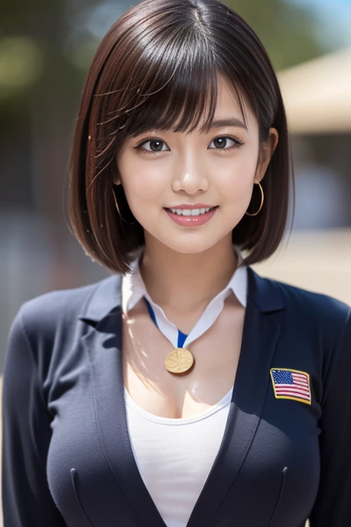 masterpiece)、(Highest quality:1.5)、(Photorealistic:1.2)、(Surreal), (High resolution), (Realistic), (Post-processing),(Sharp focus), Sharp focus:1.2,Backlight, (Improvement of quality:1.4), (Narrow waist)、((Perfectly detailed five-fingered hands)),(Anatomically correct body)、((1 female:1.4))、Japanese、Realistic Skin、(Small chest:1.4)、Bust size is A cup、A pretty woman with a slender figure:1.4,(from the front:1.5), (Enhances the beauty of skin texture:1.1),No makeup、美しいBlack Hair、smile、Natural color lip、(Small Mouth:1.4)、The mouth is not open、Thick lips、(Oval Face)、Even bangs、Hide eyebrows with bangs、((33-year-old woman))、Bob Hair、Hair blowing in the wind, (Black Hair, Iris, Watery eyes, Shining Eyes, Bob cut hair,), Hair behind the ear、No makeup、(Drooping eyes)、(((One lovely woman)),((優しい大きなsmile)),(( Small breasts,Small breastsの谷間)),((((Plump Cheeks)))),very cute,(Baby Face),Raccoon face,Wear a white sports winter jersey suit、Arena、Hair is wet、((whole body))、Stand on tiptoes、Biting the gold medal