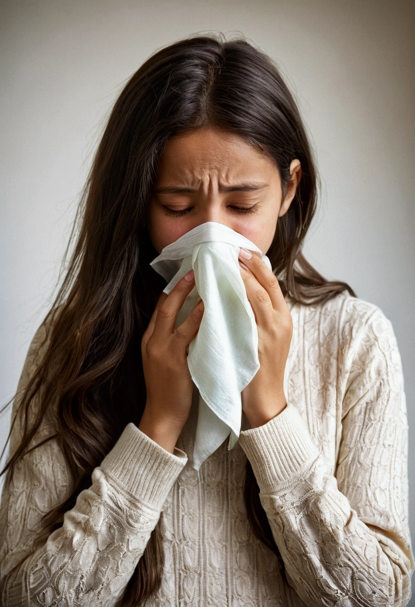 1. girl. a cold. sneeze. snot. handkerchief. blow your nose while standing. Full body.