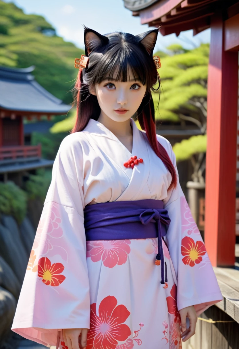 (16:9 aspect ratio), (realistic SNS photo), (high quality), (detailed), (young beautiful woman), (wearing a Nekomata yokai costume), (full body shot), (natural lighting), (outdoor setting), (vibrant colors), (detailed face and clothing), (expressive eyes),
