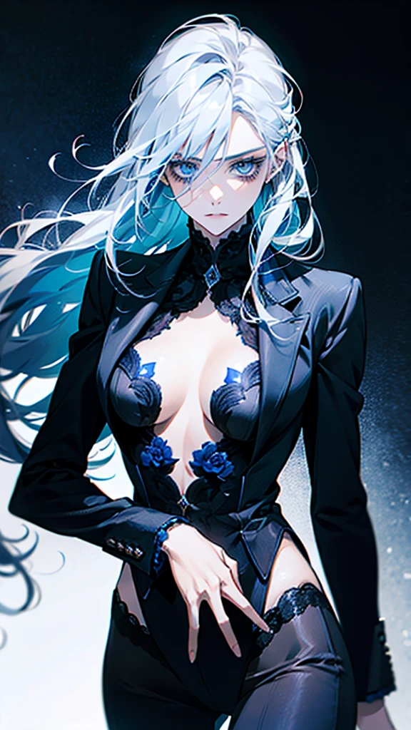 A woman with long, almost white, blue hair, blue eyes, beautiful, fierce, wearing a neat black suit.