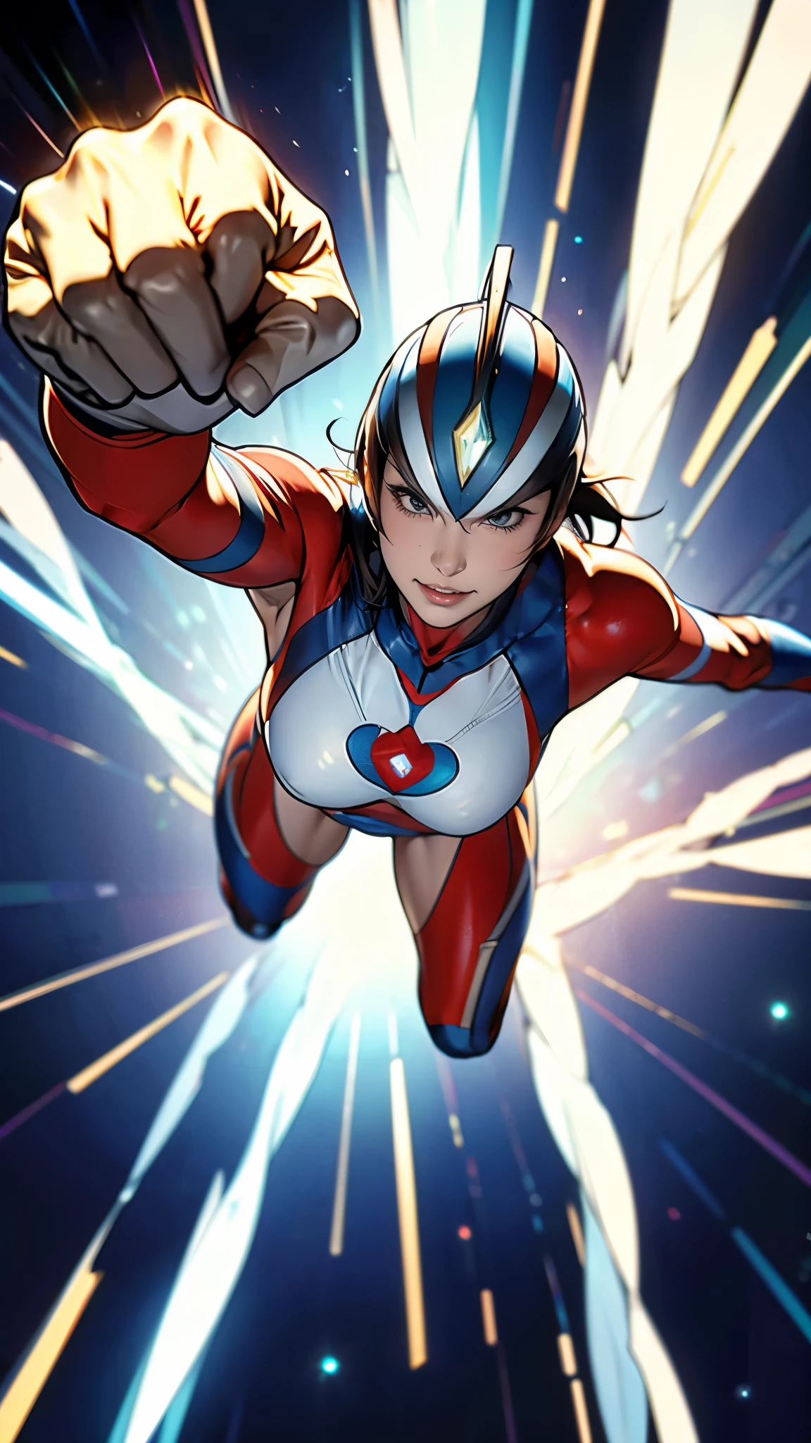 (masterpiece:1.2, Highest quality, Highest quality),(Ultra-detailed),(Photorealistic Stick),(RAW Photos:1.2),1 female,Mature female heroine,40 years old,人妻がUltramanに変身する,(((Dynamic fighting poses))),(Short Bob),((Dynamic Movement)),BREAK(光沢のある薄い生地のUltramanスーツ),(Glowing Skin,Big eyes,Droopy eyes,Long eyelashes,Beautiful thighs,Beautiful Hair,Beautiful Face,Beautiful Eyes,Beautiful body,Beautiful breasts,Beautiful legs,Beautiful fingers,Sensual),break((Ultraman)),(ultraman_rise:1.4),((Background prism flash)),(((Dazzling Light))),(((Clenched Fist))),(((Raise your arms))),(From below,Are standing,Light)