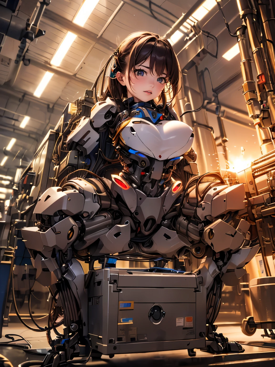 ((a humanoid has mechanical body, ((emit rays from many lens on her body)), (cables), round face, in a huge factory)), ((mechanical chest and hands, dropping machine oil from her body)), drooping eyes, standing and spread legs,