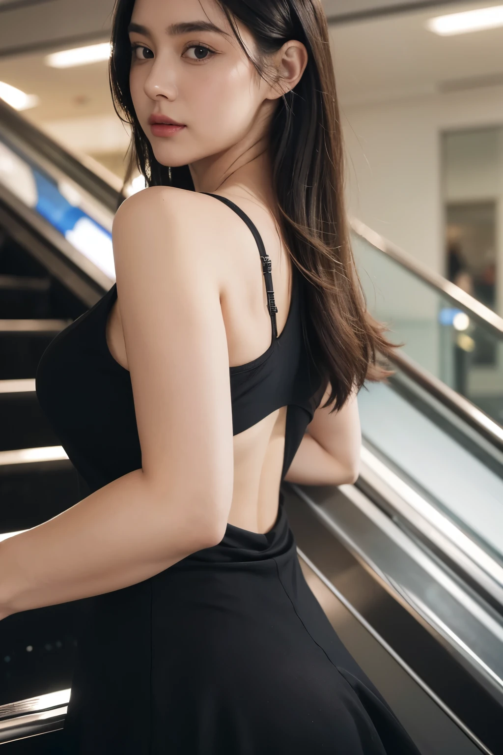 a close up of a woman in a black dress on an escalator, shoulders can be seen, thicc, she has a jiggly fat round belly, showing her shoulder from back, low quality video, close up to a skinny, she is wearing a black tank top, revealing clothes, revealing outfit, looking her shoulder, look at that detail!