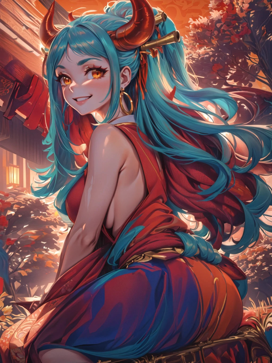 Masterpiece, high res, beautiful art, professional artist, 8k , Ultra detailed backgrounds, Delicate pattern, Intricate High Details, highly detailed, finedetail, Best quality, Beautiful lighting, mediuml breasts, lean girl, Very thin girl, cow boy shot, Yamato V2, Long hair, 1girll, banya, whaite hair, aqua hair, only 2 red horns, Coiled horn, hair adornmentulticolored , jewely, Earrings, Japanese clothes, kimono, hair stick, Sleeveless, Bare shoulders, side locks, hoop earings, hakama, smile, Hefty Smile, orange eyes, complex detailed background, outside, setting in nature, Rochas, Sunny weather, blue sky, Ciel, backwards, looking back, add a picture above and below, complete unfinished objects, (((move the character away a little))), ((add border background))
