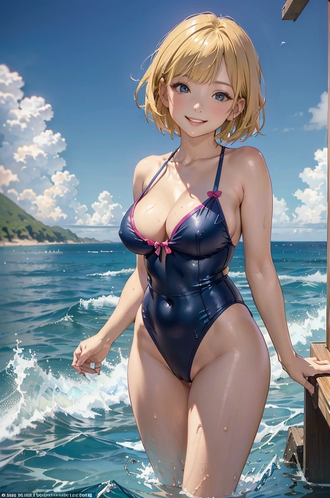 1 female、(blonde、short hair)、 ((Gravure idol peeking out from the sea))、((Wet)), ((Big smile:1.2)), (Colorful Swimsuits)、Sexy pose、((in the sea、tropical))、Composition looking up from below、Dynamic Angle,nsfw,pussy