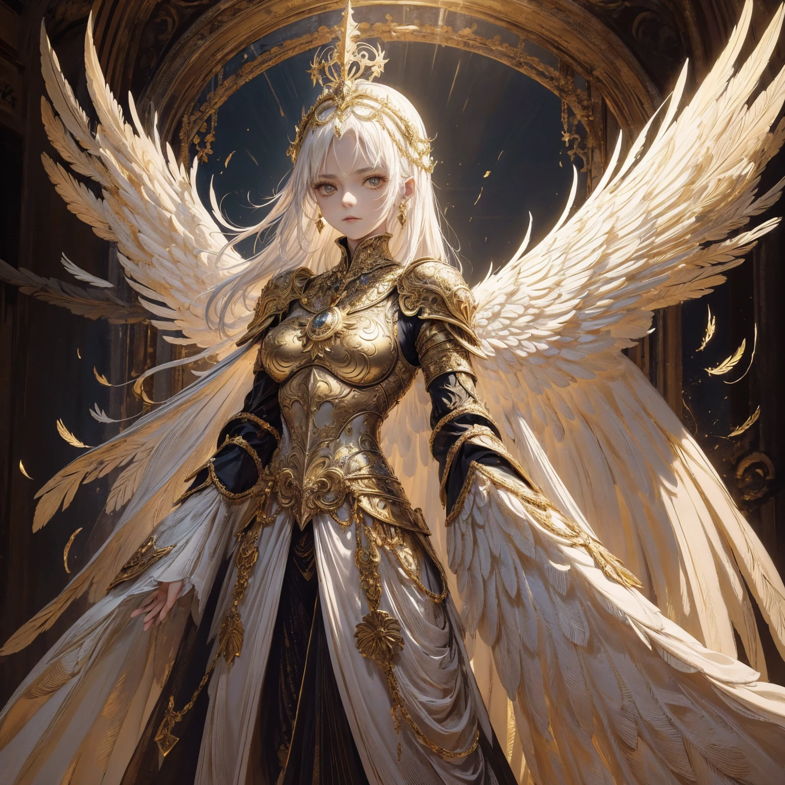Art of elderly mature woman wearing sun crown, Wearing ornate golden breastplate that shows a small amount of skin above the chest, A pair of armored angelic wings spreading out behind the woman and the wings have extremely long size feather that even taller than the woman's body, Ancient goddess art, Sacredness. Very detailed, Mysterious inspiration, Inspiration from the Sun God, Religious inspiration, Cold and snobbish face, No smile, Dangerous impersonal expressions, White hair, Standing, Full body portrait, Gothic art style, Weird art style, Occult art