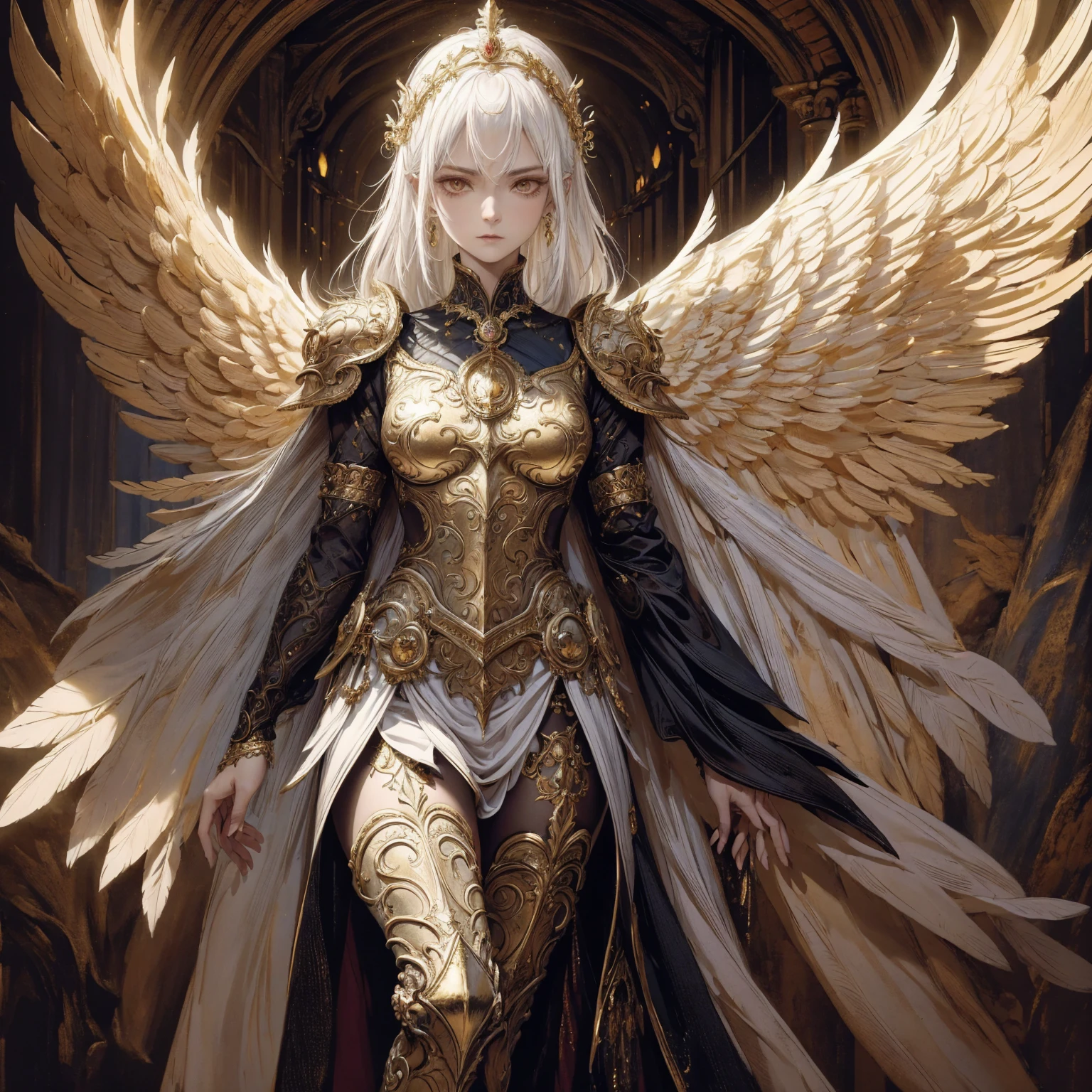 Art of elderly mature woman wearing sun crown, Wearing ornate golden breastplate that shows a small amount of skin above the chest, A pair of armored angelic wings spreading out behind the woman and the wings have extremely long size feather that even taller than the woman's body, Ancient goddess art, Sacredness. Very detailed, Mysterious inspiration, Inspiration from the Sun God, Religious inspiration, Cold and snobbish face, No smile, Dangerous impersonal expressions, White hair, Standing, Full body portrait, Gothic art style, Weird art style, Occult art