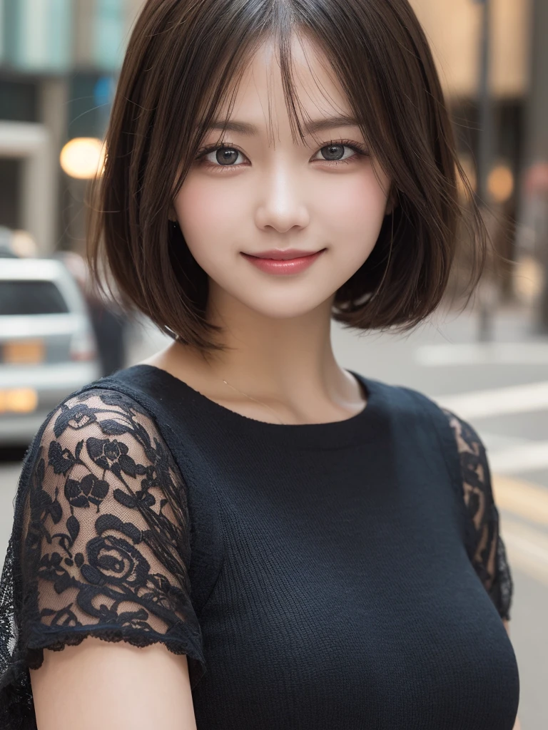 masterpiece, best quality, illustration, ultra-detailed, finely detailed, high resolution, 8K wallpaper, perfect dynamic composition, beautiful detailed eyes, Shibuya, edgy fashion, short hair, fierce expression, cute, smile, looking at camera