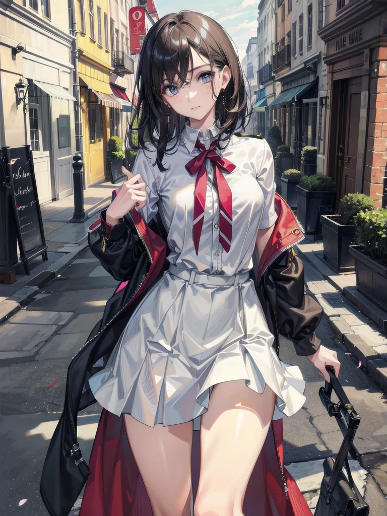 absurdres, RAW photo, extremely delicate and beautiful, masterpiece, Best Quality, ultra high resolution, 32k, hyperrealistic, ultra-detailed, perfect anatomy, anatomically correct, perfect figure, Perfect Style, Perfect balance, super Detailed skin, in her 30s, very Slim body, narrow waist, very small head, very small face, delicate facial features, handsome detailed woman, very detailed eyes and face, realistic face proportions, Realistic beautiful face, Realistic beautiful eyes, tearful mole, earring, big tits, whole body shot, medium hair, outdoor, military jacket, (school_uniform:1.2), skirt, dress shirt,