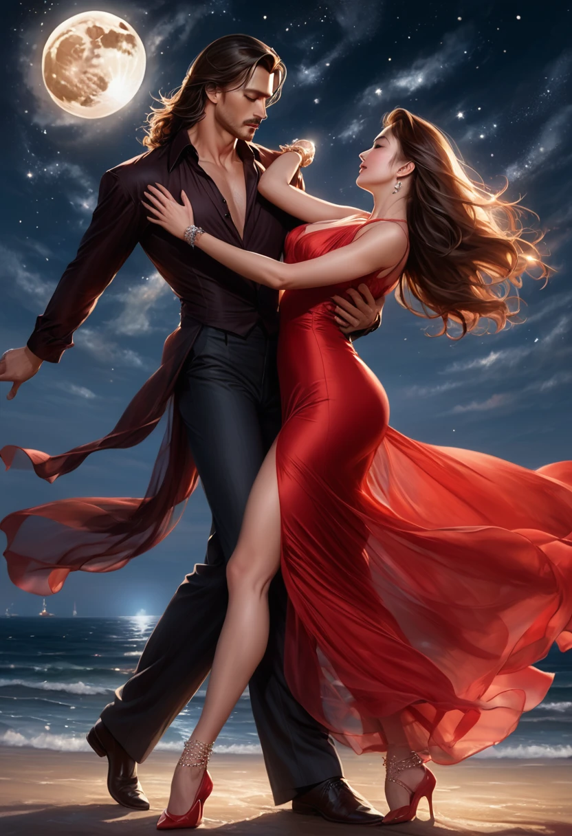 a masterpiece, stunning detail, an action shot, low angle, (top quality)), ((masterpiece)), a long hair girl, transparent long red dress, dance tango with a man, lamps, brown hair, shirt, black hair, 1boy, cleavage, jewelry, tango, hetero, multiple couples, pants, looking at another, bracelet, transparent dress, ,outdoors, full moon, strong wind, outdoors, full body, starry sky, at sea,,outdoors,(tango:1.2)