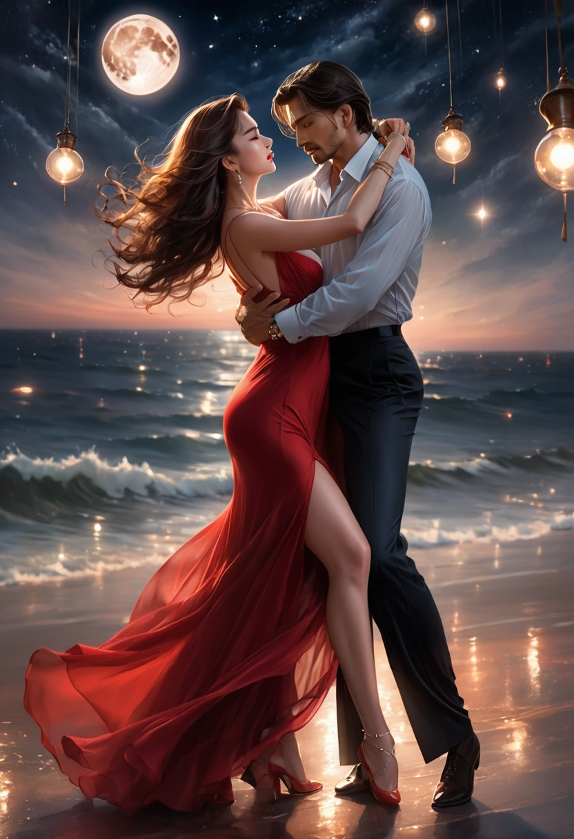 a masterpiece, stunning detail, an action shot, low angle, (top quality)), ((masterpiece)), a long hair girl, transparent long red dress, dance tango with a man, lamps, brown hair, shirt, black hair, 1boy, cleavage, jewelry, tango, hetero, multiple couples, pants, looking at another, bracelet, transparent dress, ,outdoors, full moon, strong wind, outdoors, full body, starry sky, at sea,,outdoors,(tango:1.2)