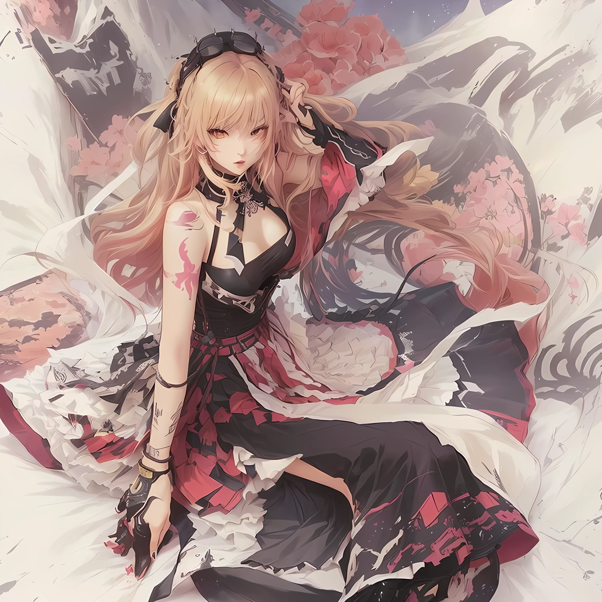 Anime Girls with long hair and black dress sitting on a bed, beautiful Anime artwork, From desire, Zerochan Art, Beautiful anime art, Beautiful fantasy anime, Anime fantasy artwork, Pixiv, Pixiv style, by Shimo, Anime artwork, Anime fantasy illustration, Favorite character, detailed Anime artwork, (Anime Girls), Beautiful and detailed anime art A 17-year-old Japanese girl with vibrant hair colors, long hair, daring hair styling, slender figure, plump cheeks. She embodies the punk rock aesthetic, dressed like a punk rocker with bold attire, large sunglasses, a defiant expression. She stands at 170 centimeters tall, weighs 30 kilograms, wears long boots, with her thighs visible under a red pleated skirt. Adorned with numerous silver accessories. Depict with distinct outlines, using colors other than black for the outlines, using colorful hues for the outlines. She's into girls' rock, punk, Electric guitar, vibrant colors, stages, and backed by a band. An underground clubhouse with colorful lighting amidst the darkness. Colorful candies resembling mountains of treats are plentiful, strewn all around. A tall, well-built man with blonde hair is present, adorned with tattoos, a nose piercing, and a split tongue.