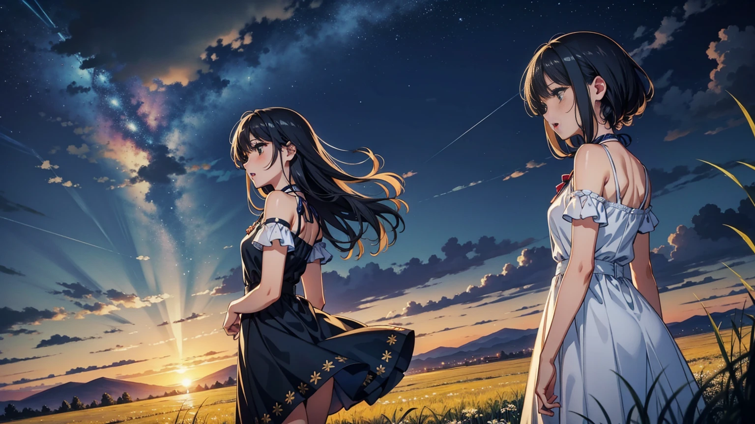 night grassland sing woman dress Fantasy Open your mouth Looking into the distance