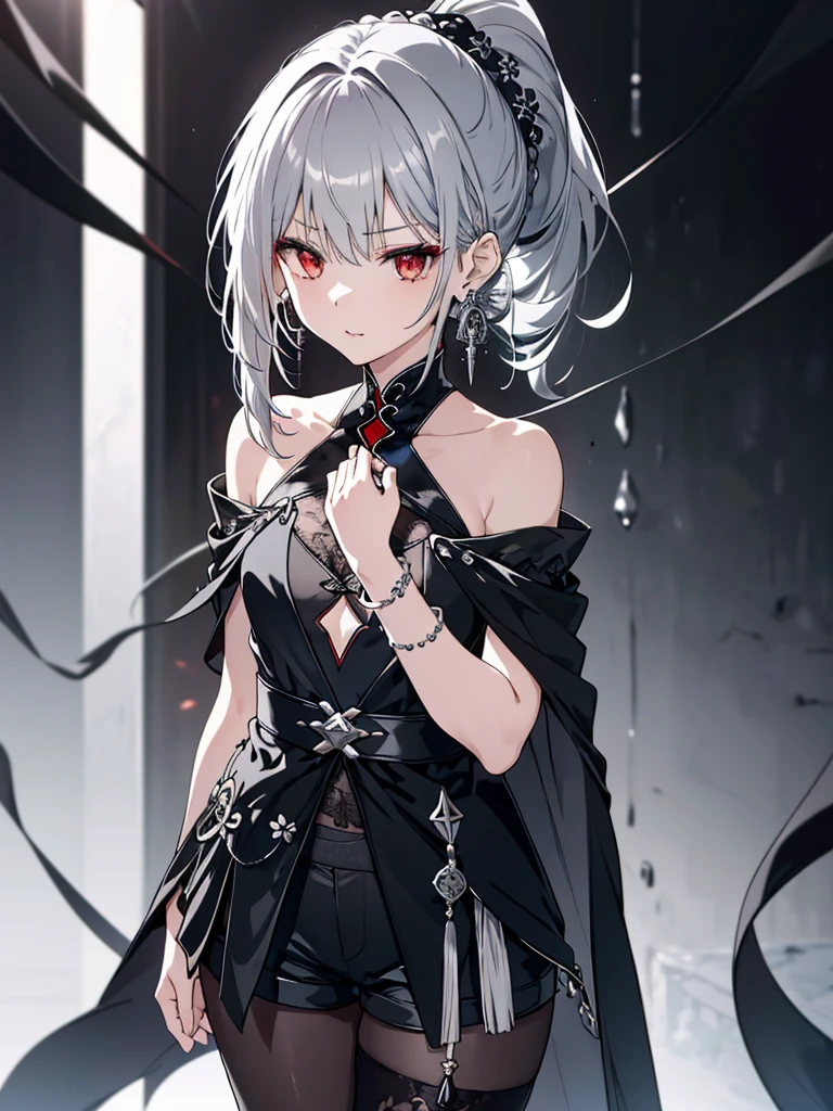 8k,High resolution RAW color art,Anime Art, (((Very detailed and cool))), Detailed skin, Blur、texture,(Exquisitely crafted, The finer details, Ultra-detailed art), (((1 girl))), Depth of written boundary, Silky Touch, Hyper Detail, (((Cool face))), eye shadow、Silver Marble Skin, Beautiful detailed red eyes, Beautiful lip detail, Very delicate face, Delicate depiction of hair and eyes, Detailed Fashion, Silver earrings,Silver Bracelet、Full body depiction, Black half top、(((Shoulder Bare)))、Black shorts、black waist cloak、black tights、 A little bit of grey hair, Ponytail Hair、Semi-long hair、(((Hair)))、water surface、silk clotheatte、Soft clothes