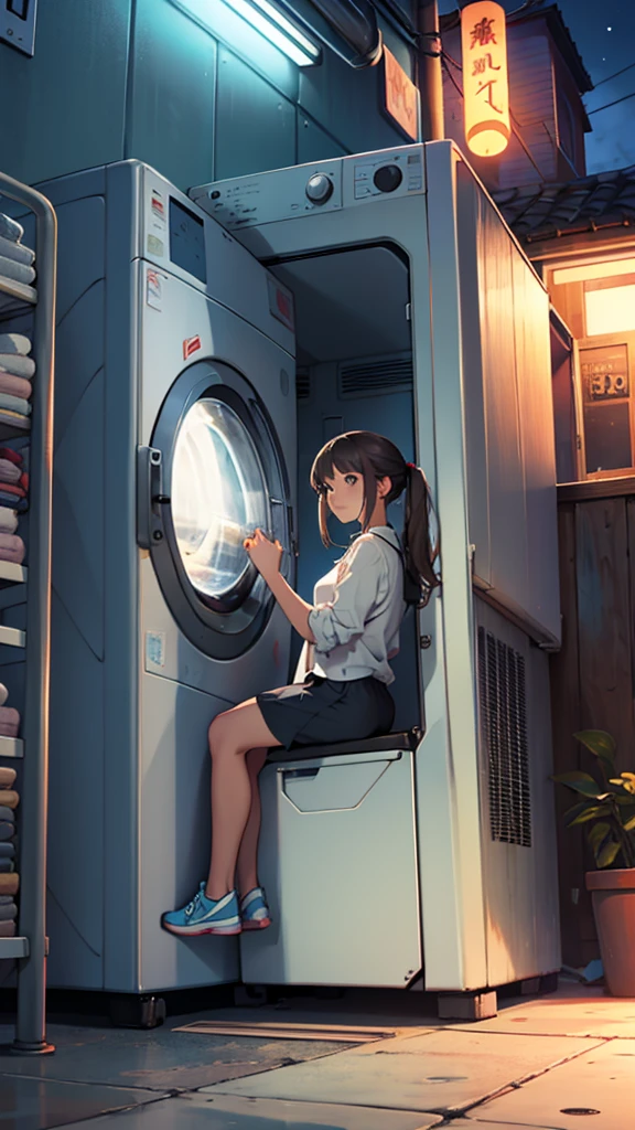 A girl sitting on a chair watching a dryer at night