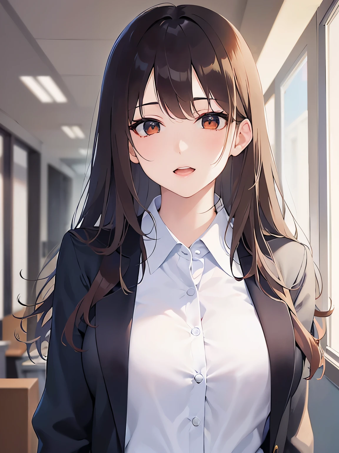  looking up, Upper Body, Realistic, real person, (pale skin: 1.2), RAW photo, photorealistic, shiny skin, shiny hair、(A 25-year-old woman with medium-length hair and bangs) and (wavy hair) and (brown hair) and (orange eyes) , (business suit:1.5) and (white collared shirt) 、smile, open mouth, The background is the office interior.、Alone、Are standing